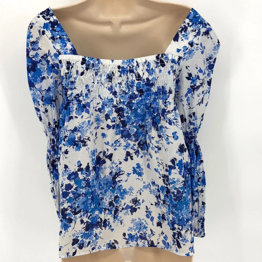 Tuckernuck Blue Floral Smocked Square Neck Cotton Puff Sleeve Blouse Medium